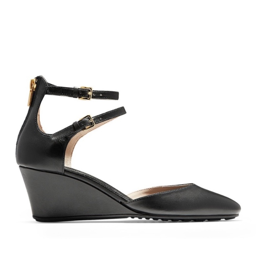 Cole Haan Grand.OS Black Leather Wedge Heels Size 9 Double Ankle Strap Gold Zip - Picture 2 of 11